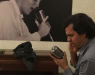 Nestor and The King in the tracking room on Elvis mic at Sun Studio