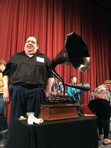 Joey with Thomas Edison Phonograph at AES 2018 Conference