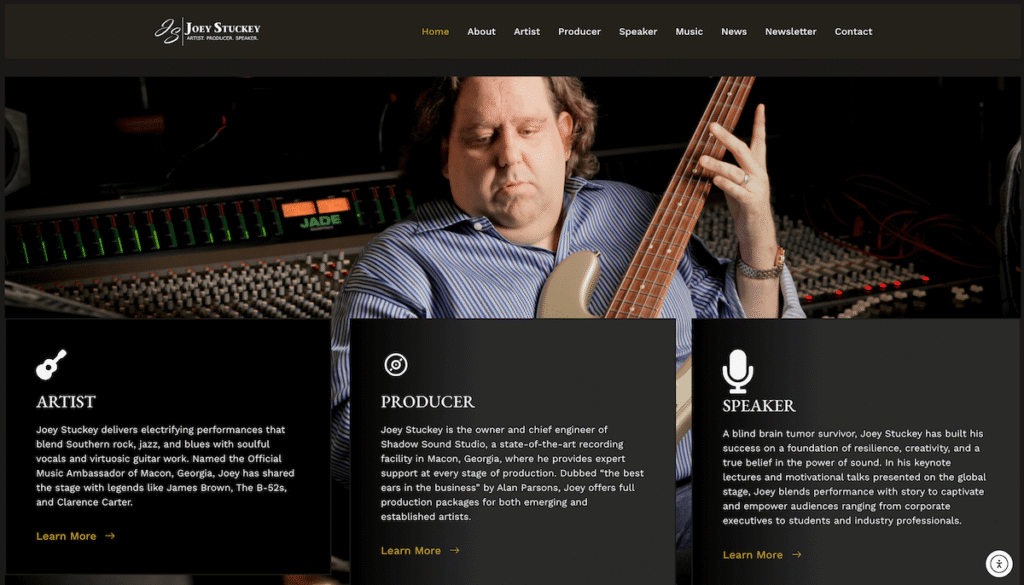 Screenshot of the home page of the Joey Stuckey website