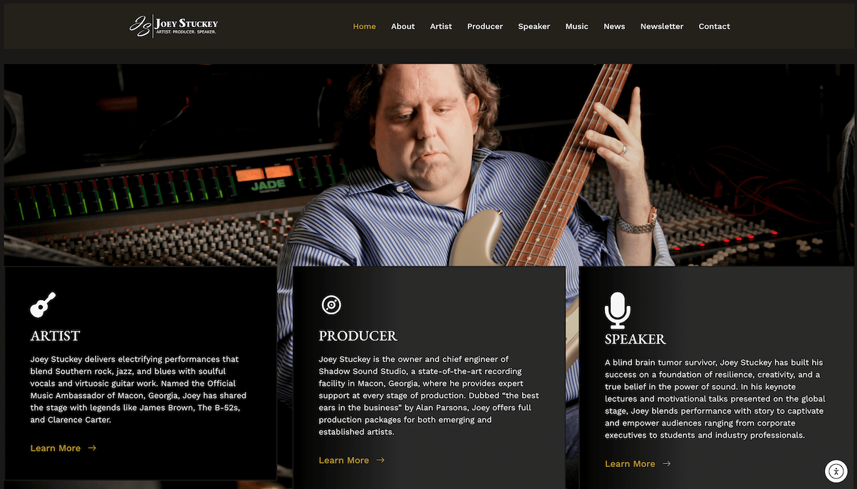 Screenshot of the home page of the Joey Stuckey website