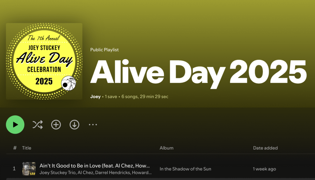 A screenshot showing the Alive Day 2025 Spotify playlist.