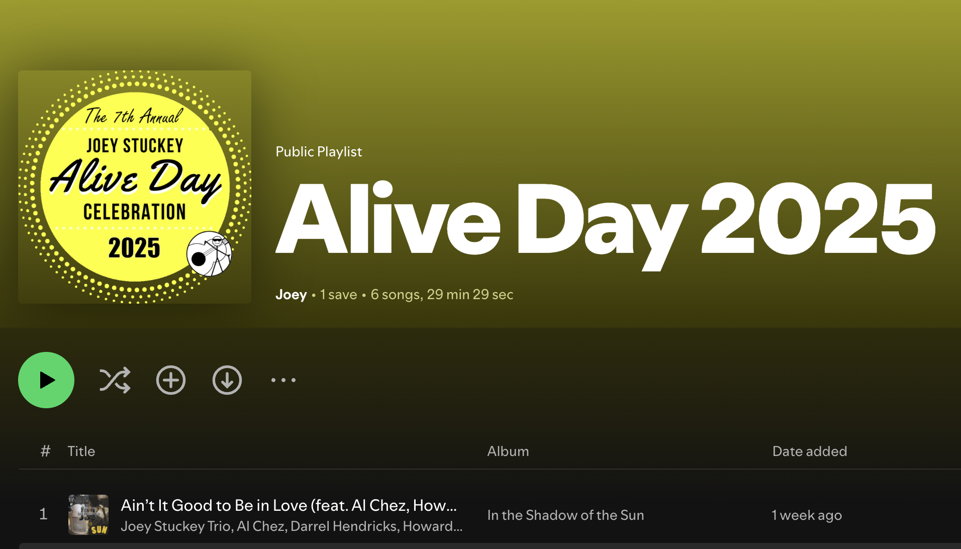 A screenshot showing the Alive Day 2025 Spotify playlist.